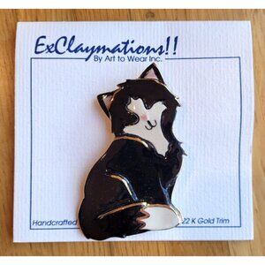 NEW Vintage ExClaymations Art to Wear Porcelain Kitten Cat 22K Gold Pin Brooch